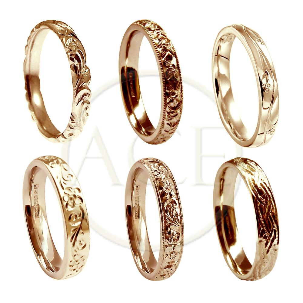 3mm 9ct Red Gold Vintage Hand Engraved Court Wedding Bands