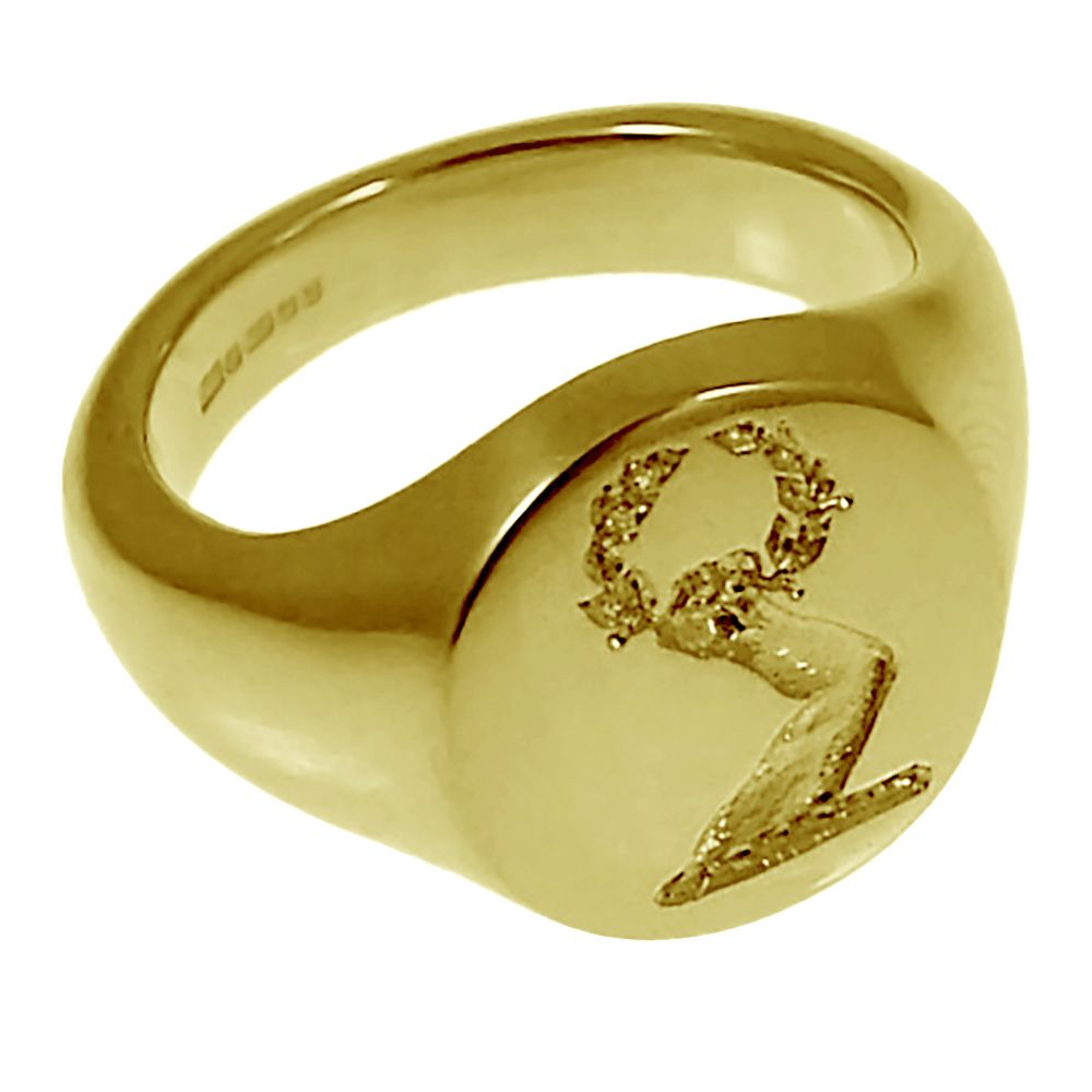 18ct Yellow Gold 13mm Round Family Crest Signet Rings 7.6g