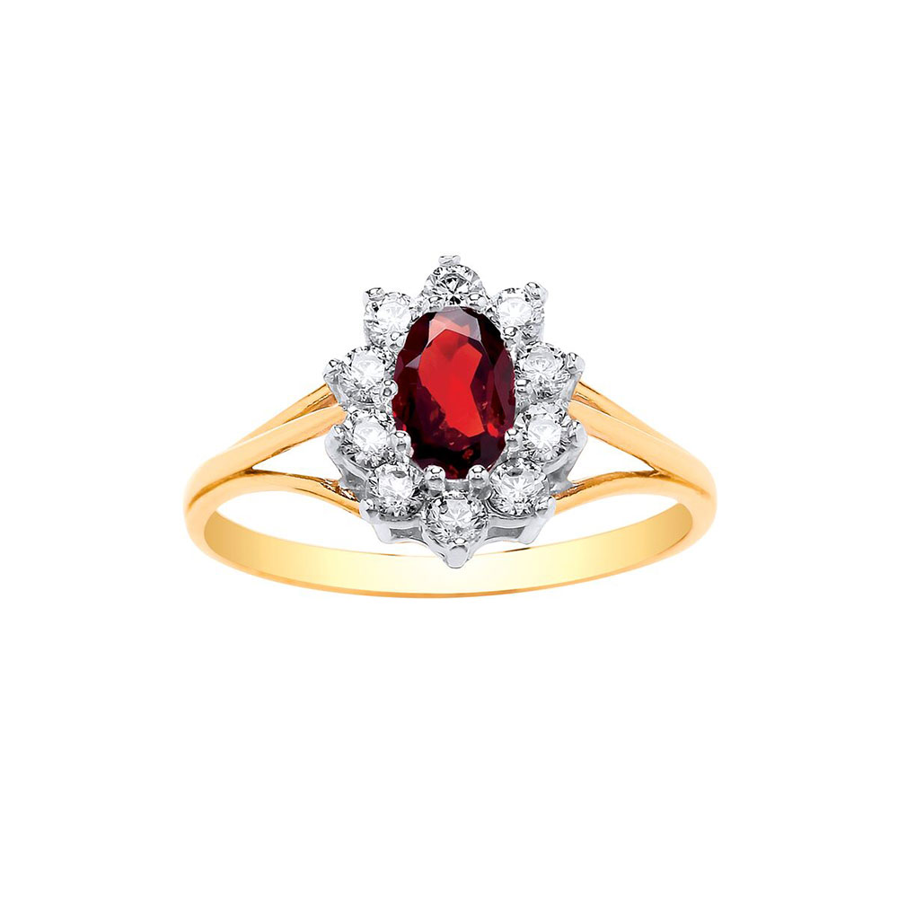 9ct Yellow Gold 12mm Real Garnet / CZ Dress Ring