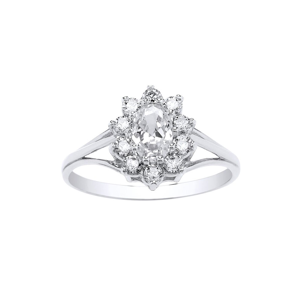 9ct White Gold 12mm Large Cluster Oval CZ Dress Ring
