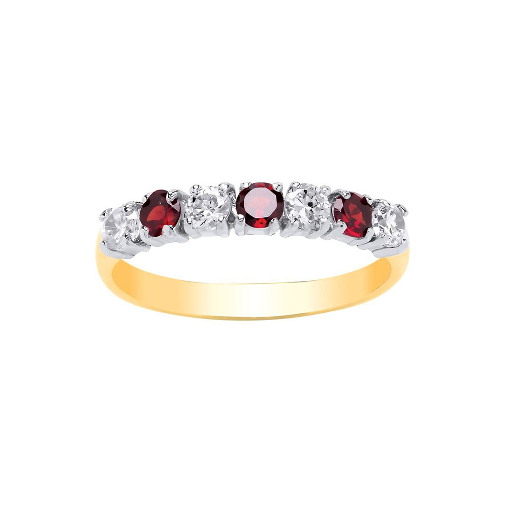 9ct Yellow Gold 3mm Real Garnet / CZ Seven Stone Dress Ring