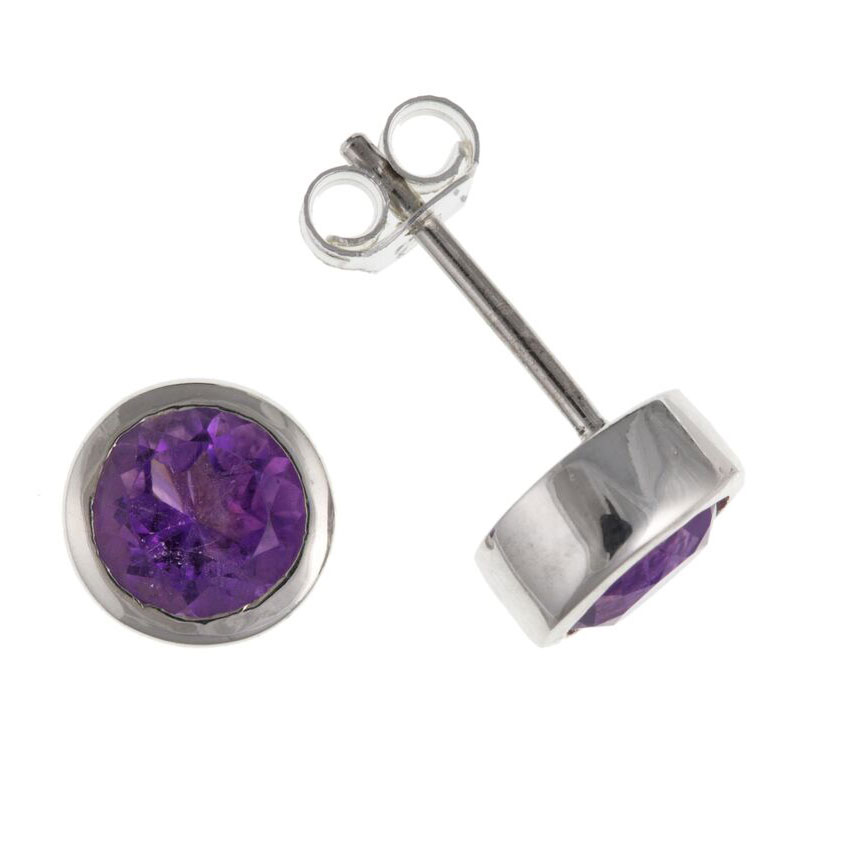 925 Sterling Silver Real Amethyst 7mm Stud Earrings