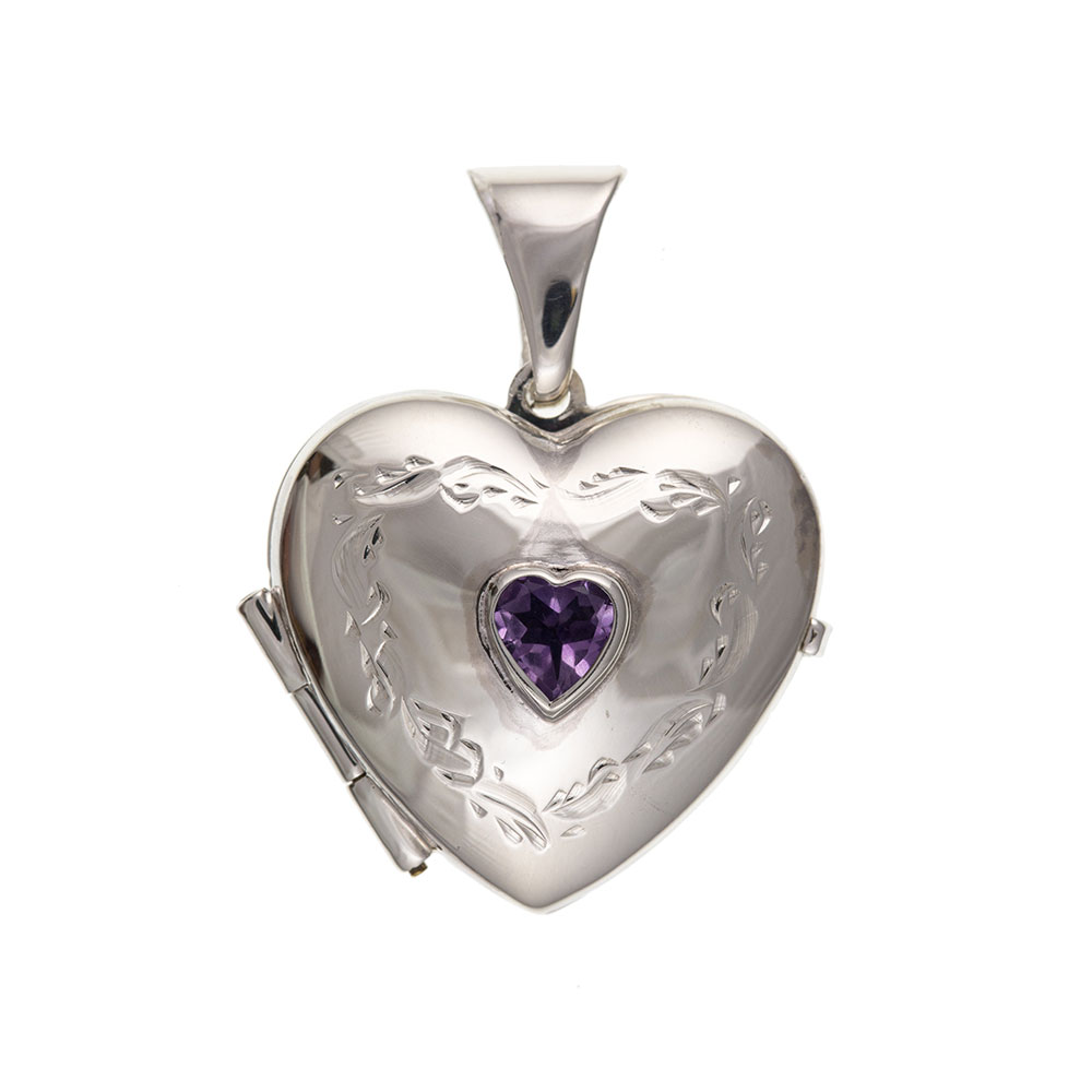 925 Sterling Silver Amethyst Set Heart Locket 25 x 20mm