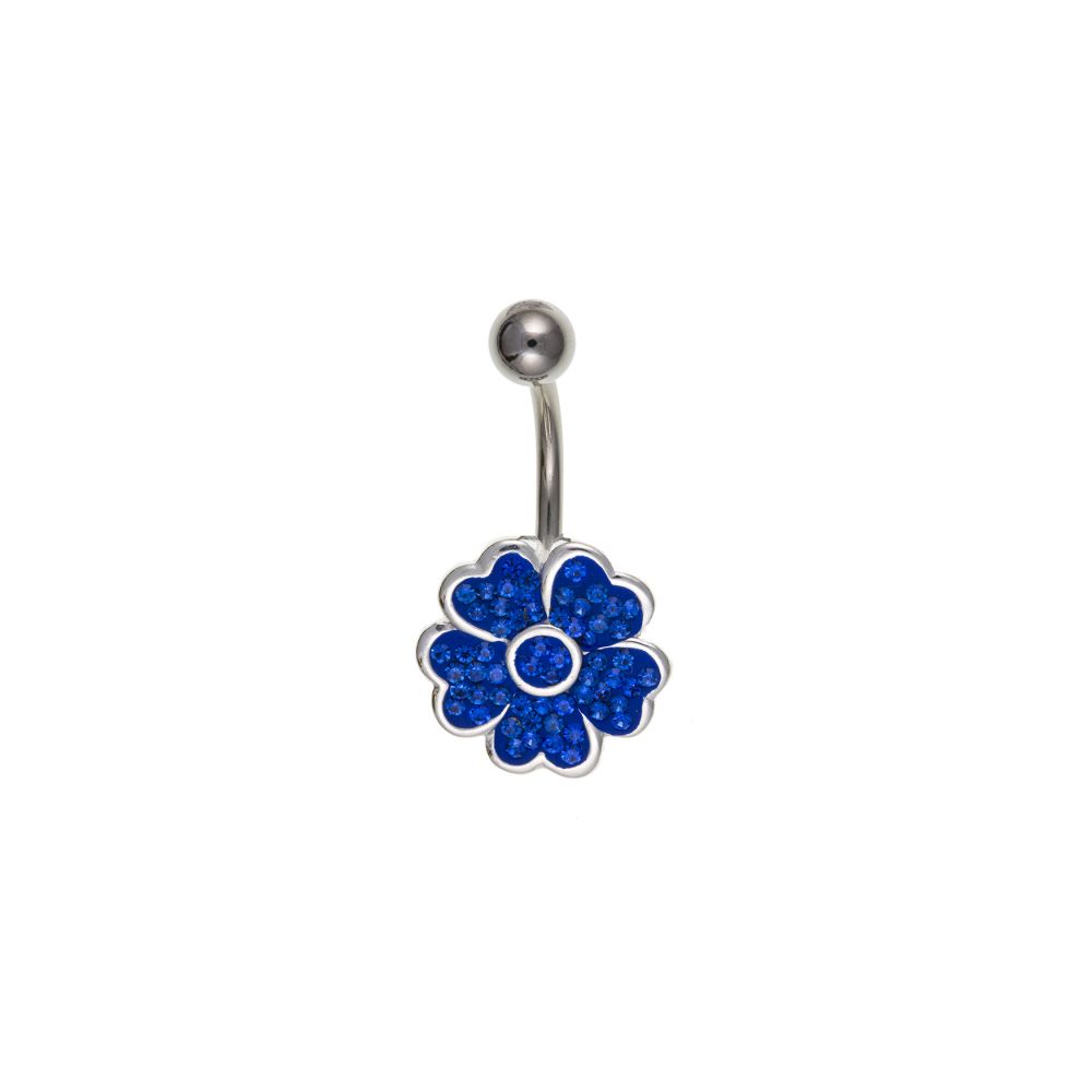 14mm Blue Crystal Flower And Sterling Silver Belly Bar