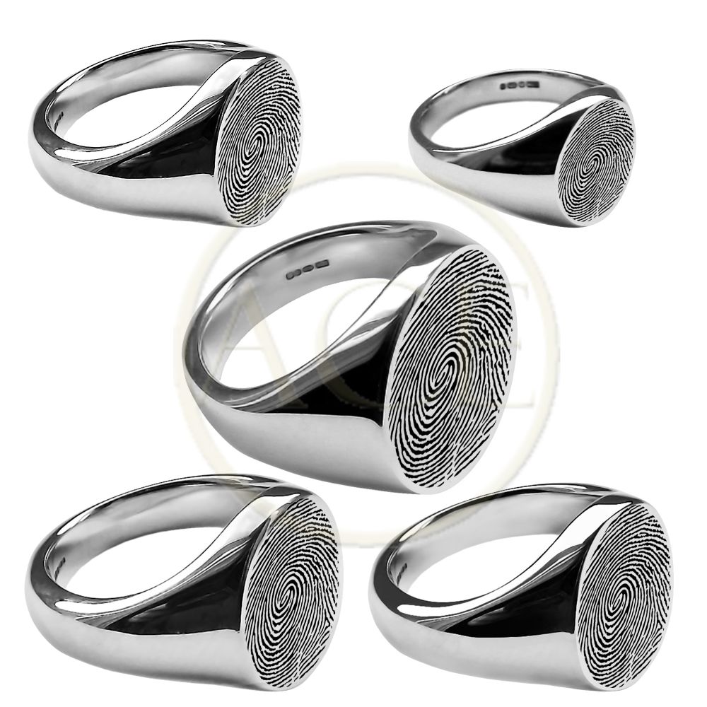 925 Sterling Silver Fingerprint Engraved Oval Signet Rings