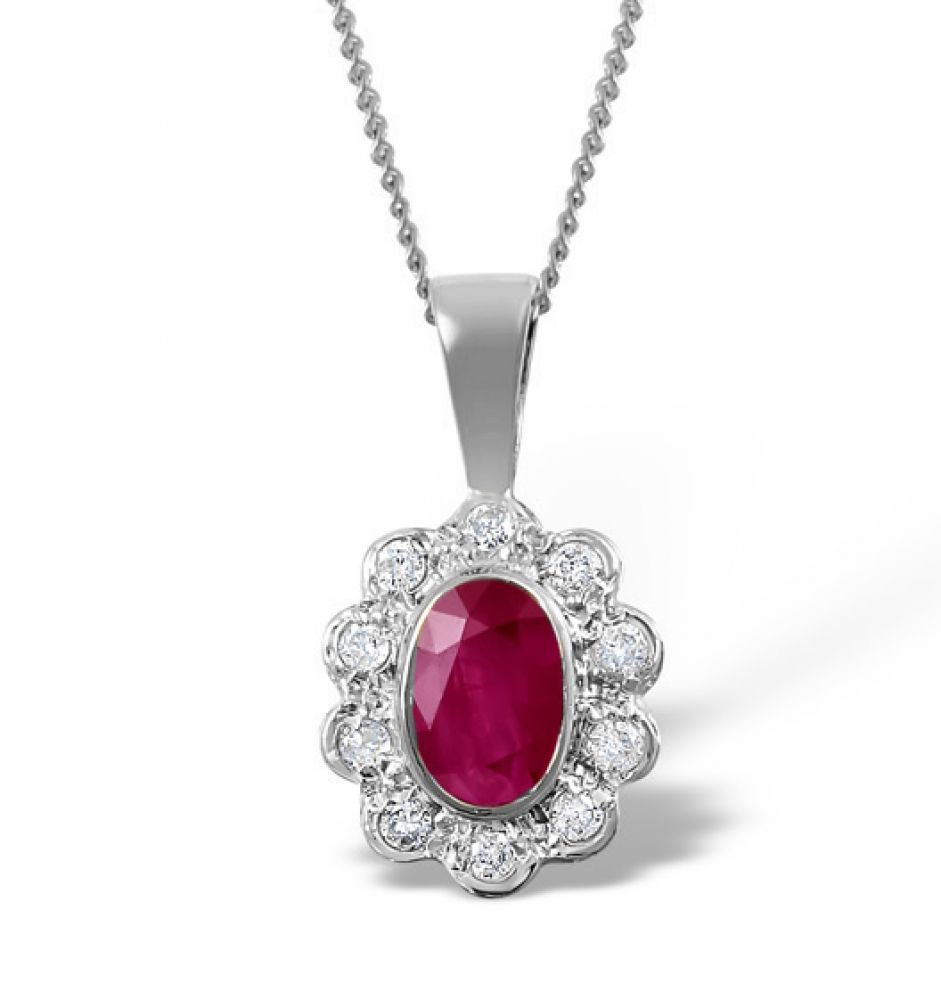 9ct White Gold Pendant Ruby 6 x 4mm & Diamond 0.14ct