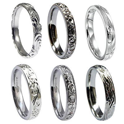 Vintage Hand Engraved 925 Silver Court Shape Wedding Rings