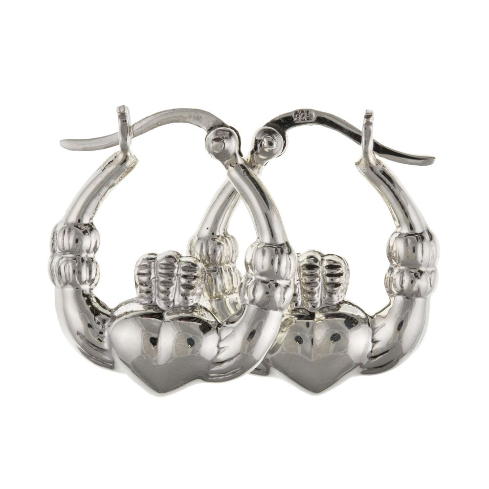 925 Sterling Silver Claddagh Style Creole Earrings With Lever Catches