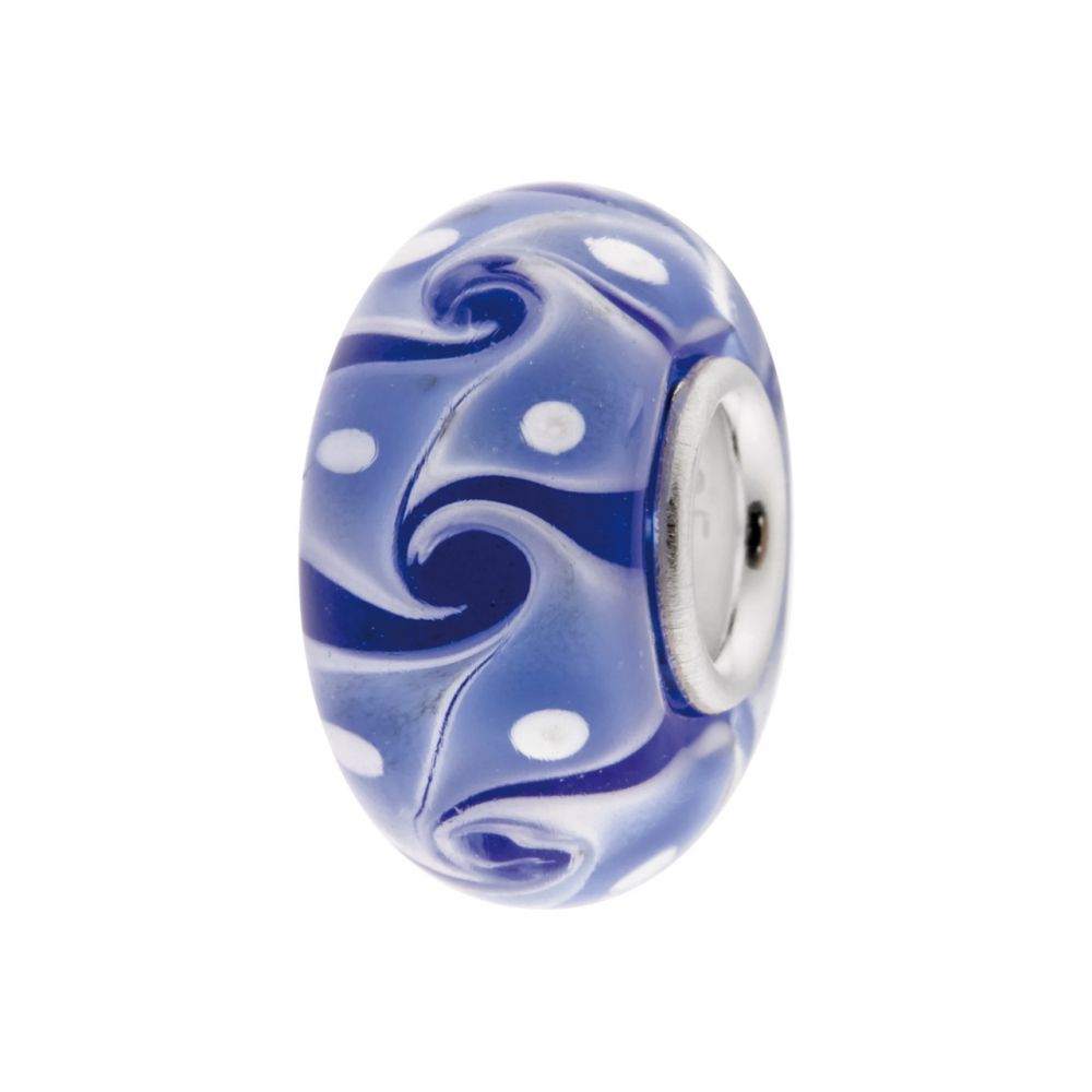 Glass Charm Bead, Blue With Blue And White Abstract Pattern, Sterling Silver Core