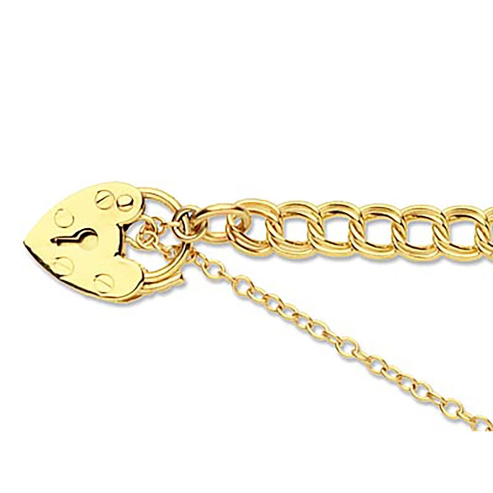 9ct Yellow Gold Double Curb Charm Bracelet With Padlock & Safety Chain