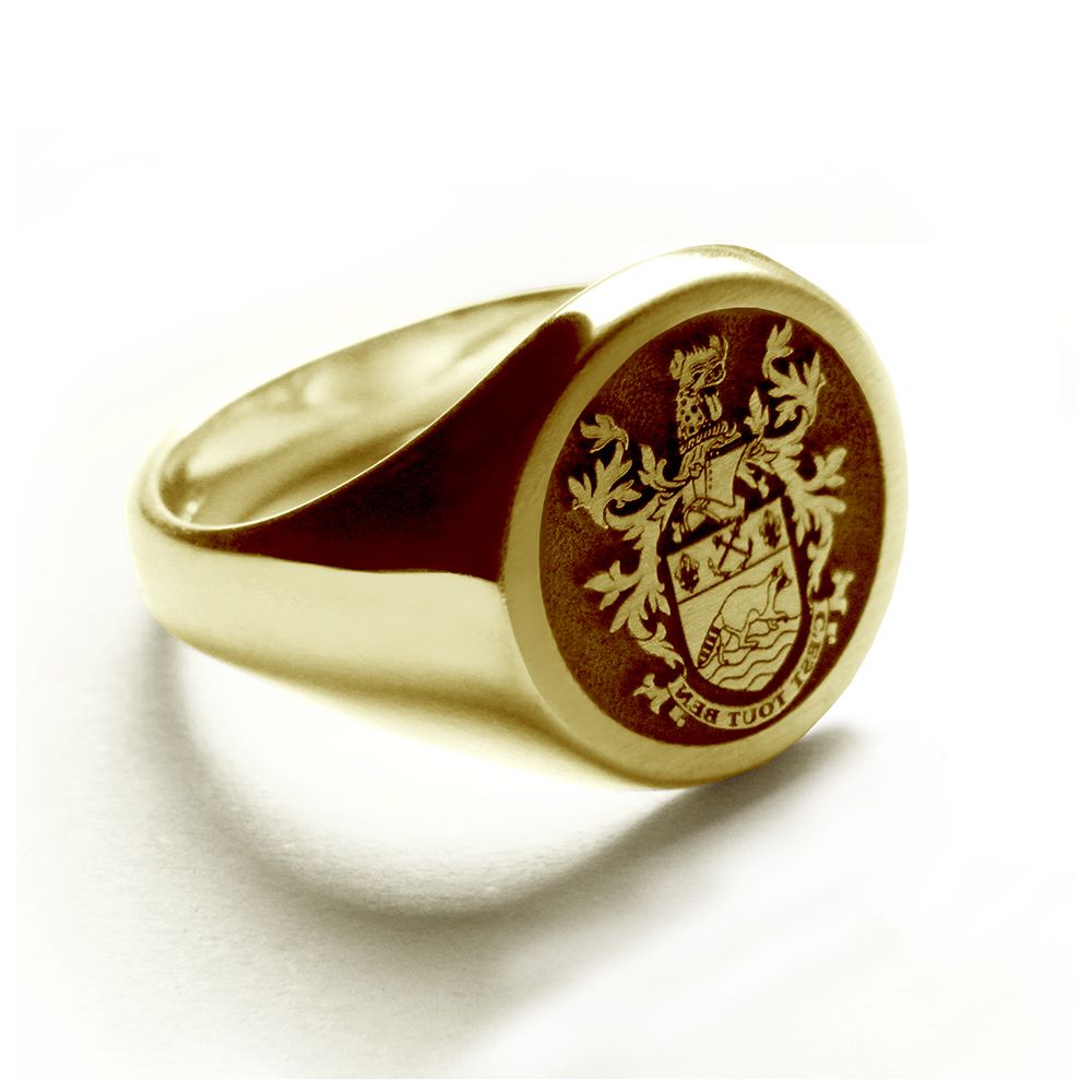 9ct Yellow Gold 11mm Round Laser Engraved Family Crest Signet Rings 6.7g