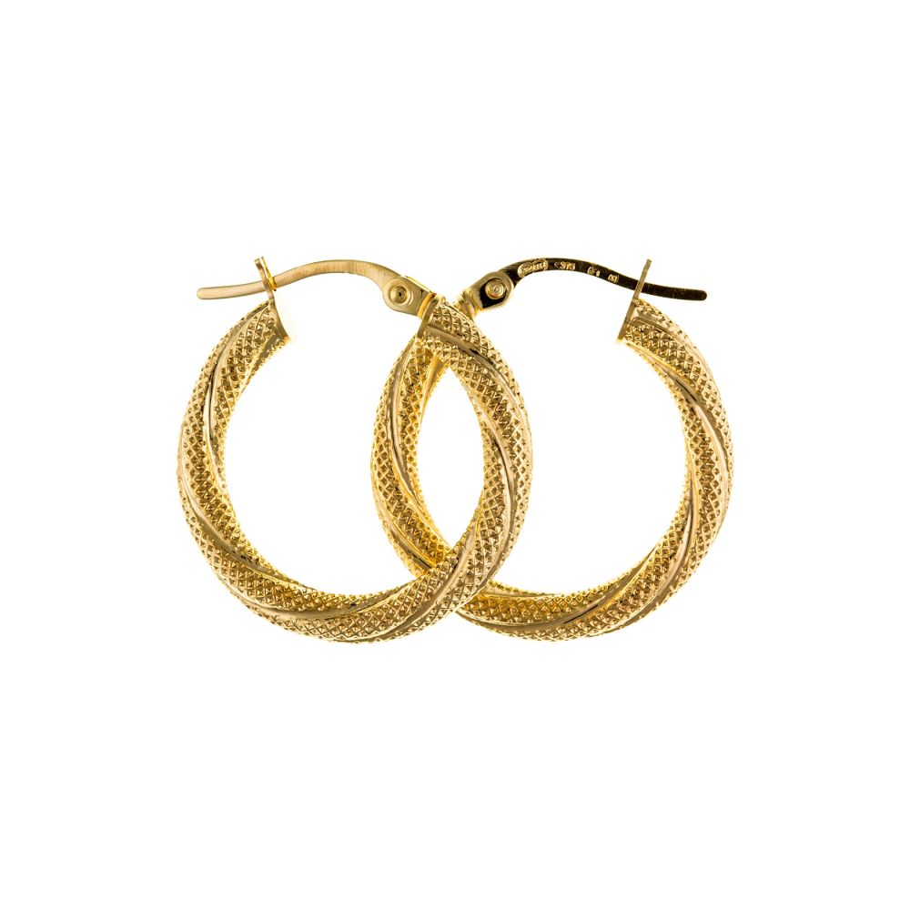 9ct Yellow Gold Textured Twist Creole Earrings With Lever Catches