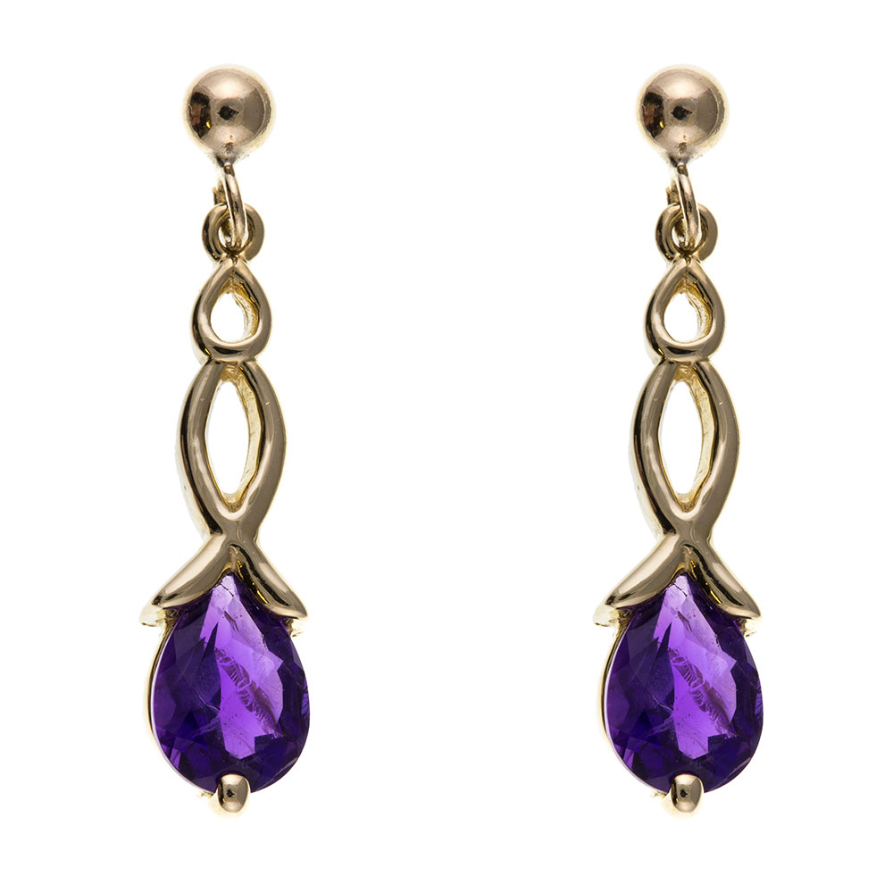 9ct Yellow Gold Real Amethyst 25mm Drop Earrings