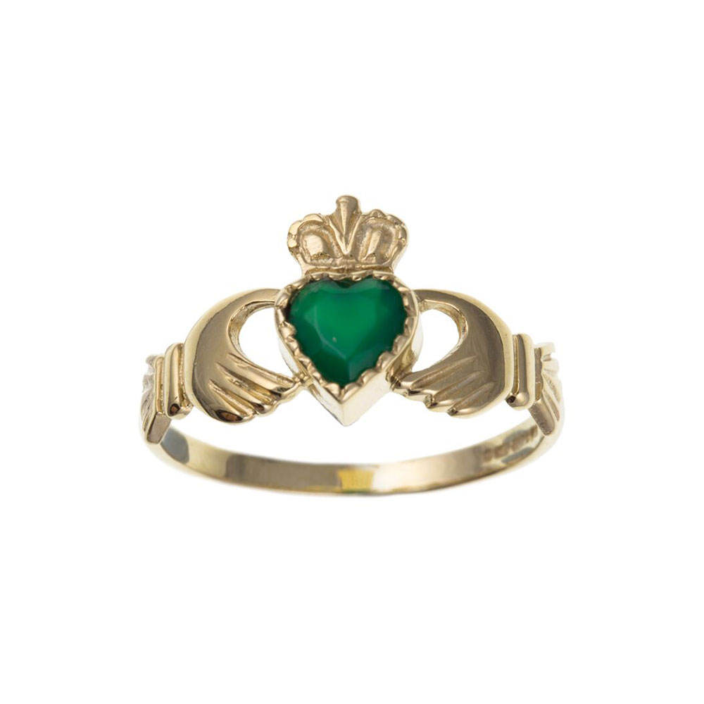 9ct Yellow Gold Green Agate 10mm Claddagh Dress Ring