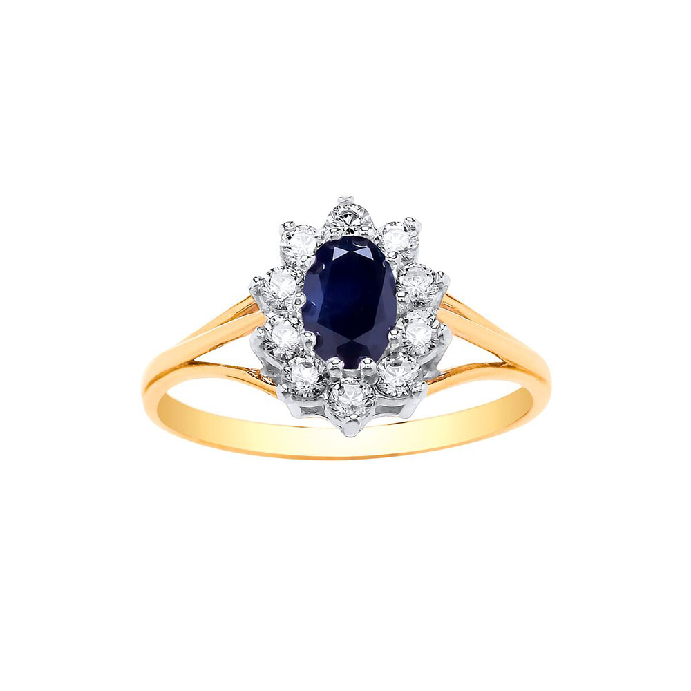 9ct Yellow Gold 12mm Real Sapphire / CZ Dress Ring