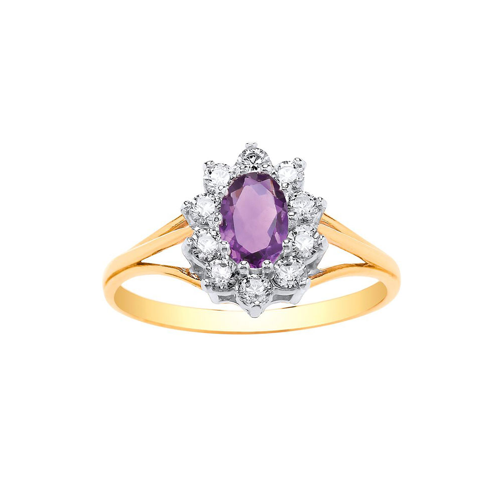 9ct Yellow Gold 12mm Real Amethyst / CZ Dress Ring