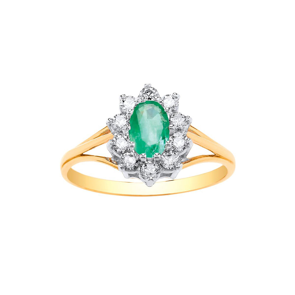 9ct Yellow Gold 12mm Real Emerald / CZ Dress Ring