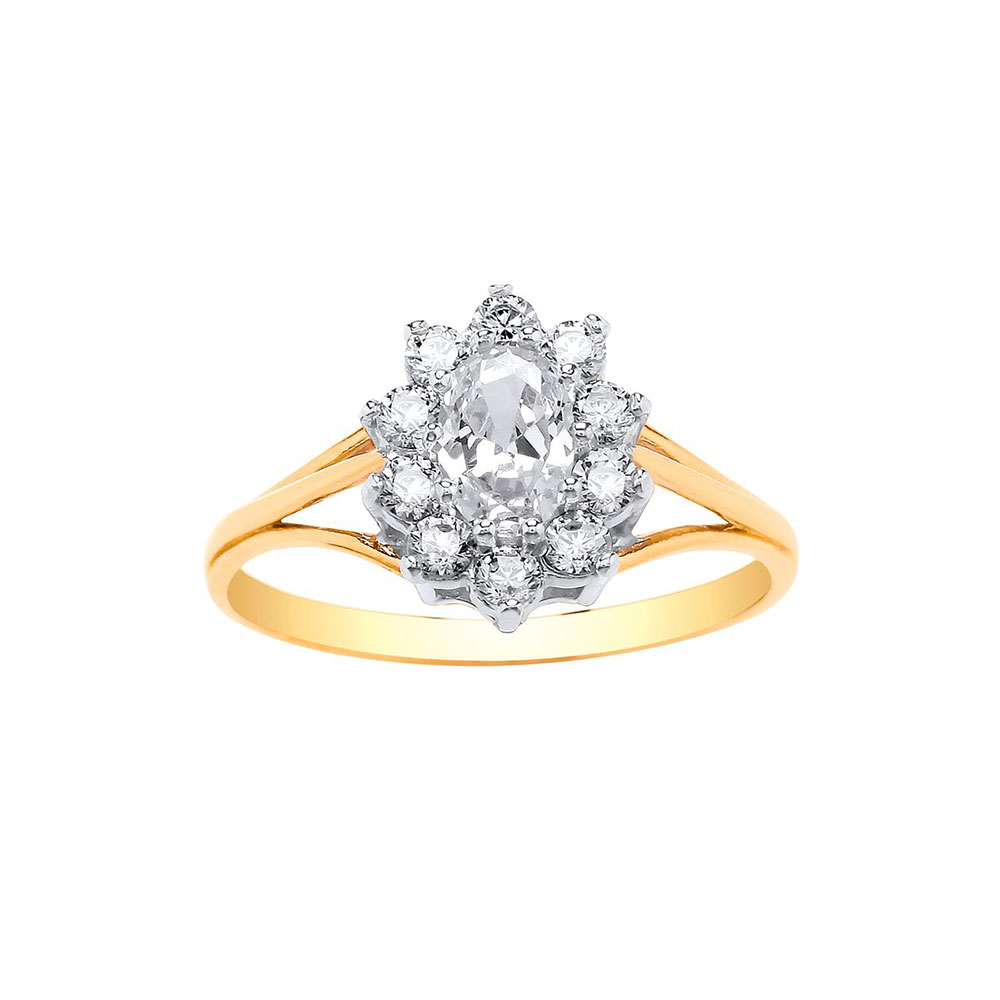 9ct Yellow Gold 12mm Large Cluster Oval CZ Dress Ring