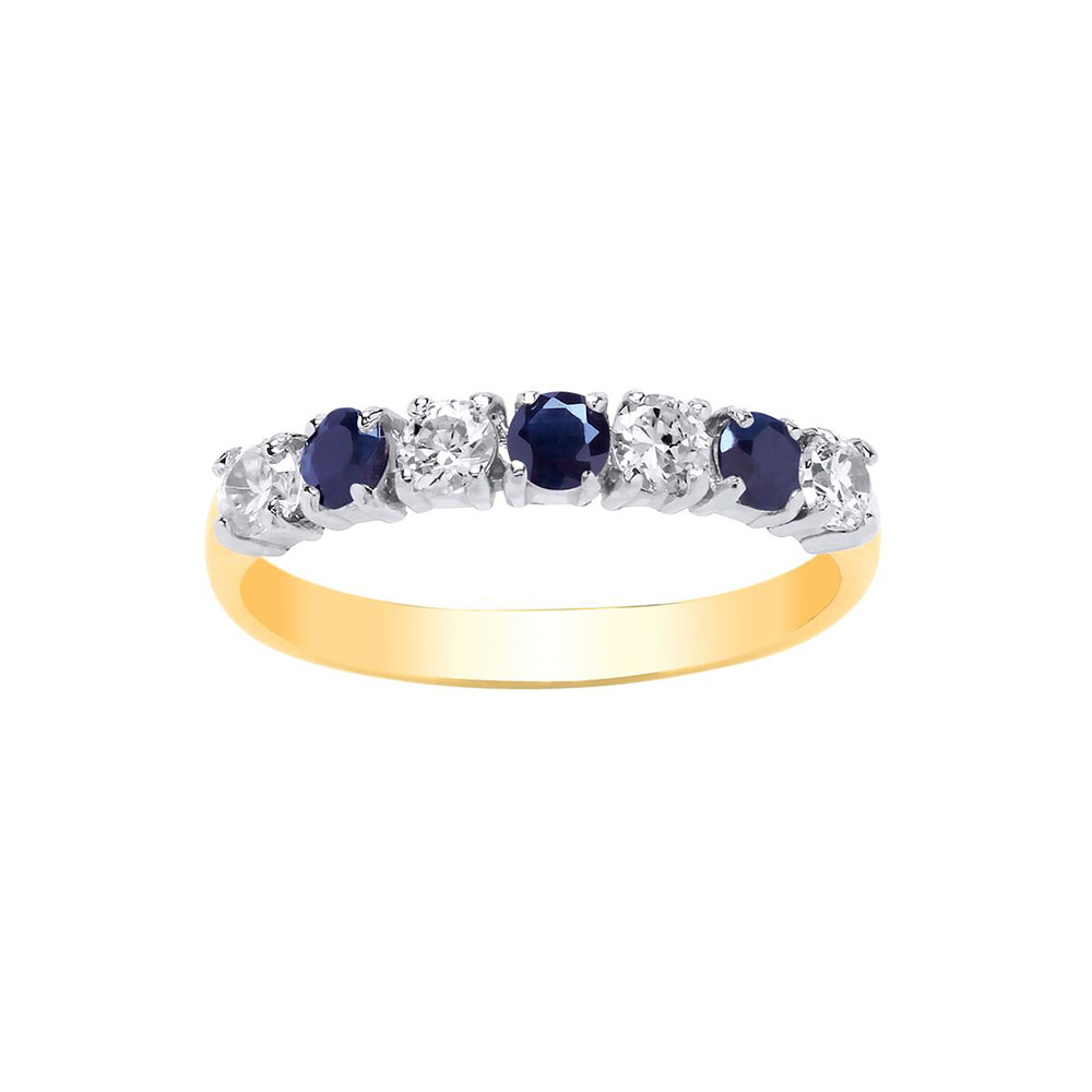 9ct Yellow Gold 3mm Real Sapphire / CZ Seven Stone Dress Ring