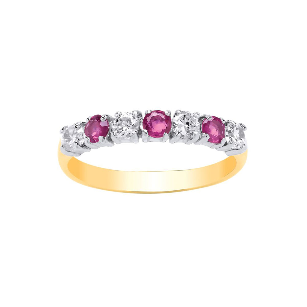 9ct Yellow Gold 3mm Real Ruby / CZ Seven Stone Dress Ring