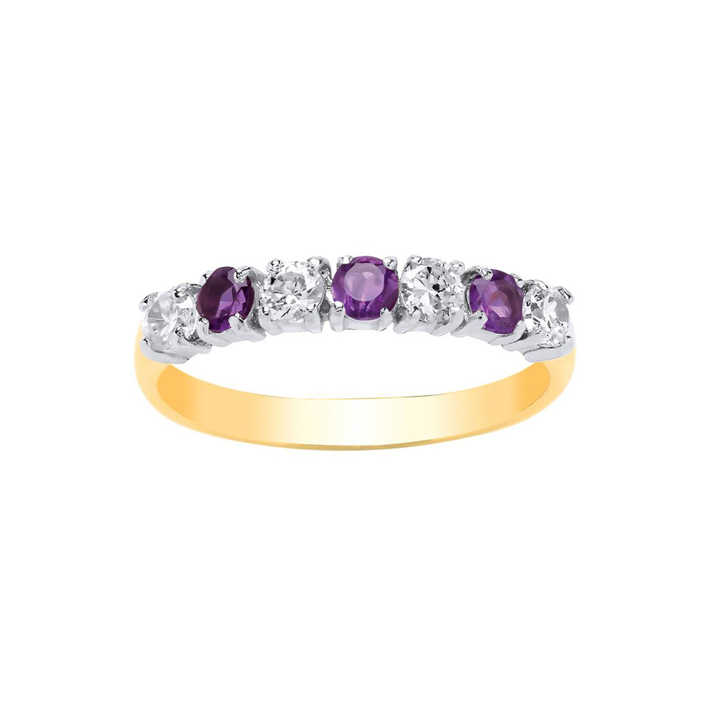 9ct Yellow Gold 3mm Real Amethyst / CZ Seven Stone Dress Ring