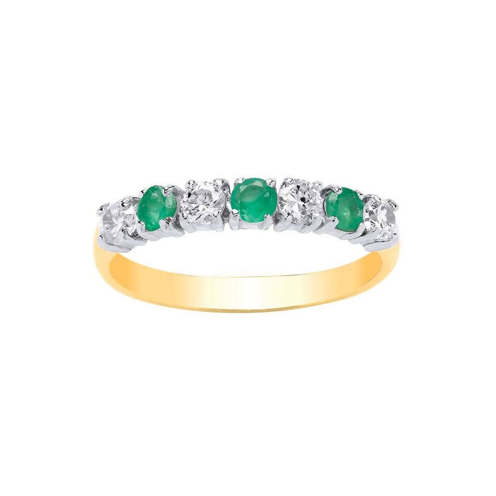 9ct Yellow Gold 3mm Real Emerald / CZ Seven Stone Dress Ring