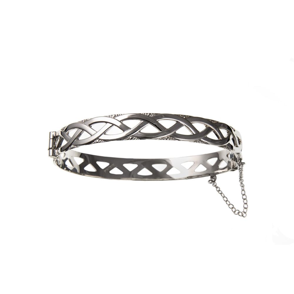 925 Solid Sterling Silver 925 Silver Ladies Celtic Hinged Bracelet With Safety Chain