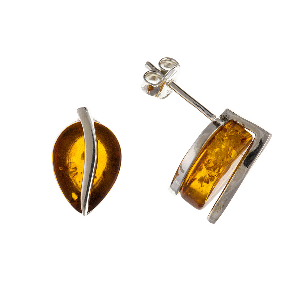 925 Sterling Silver Real Amber 13mm Oval Stud Earrings
