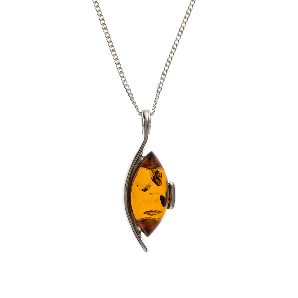 925 Sterling Silver Real Amber 27mm Pendant with Chain