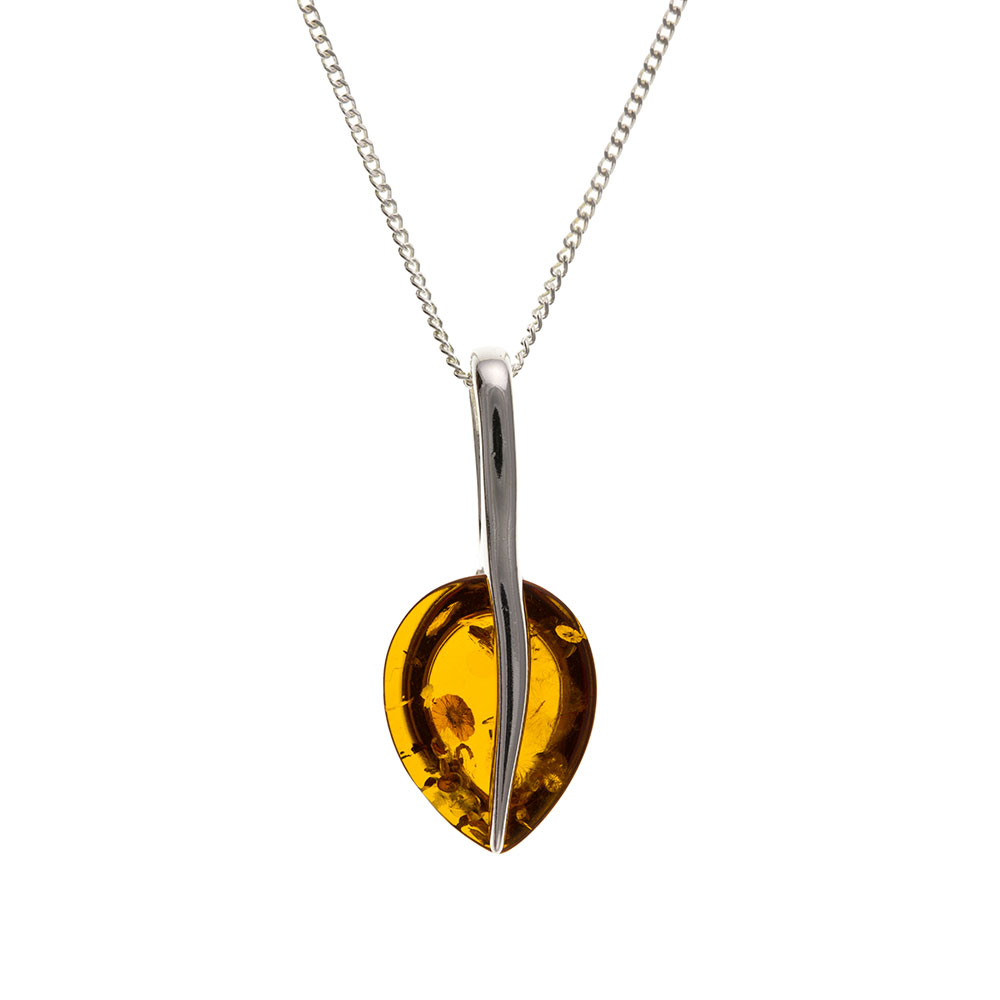 925 Sterling Silver Real Amber 28mm Pendant with Chain