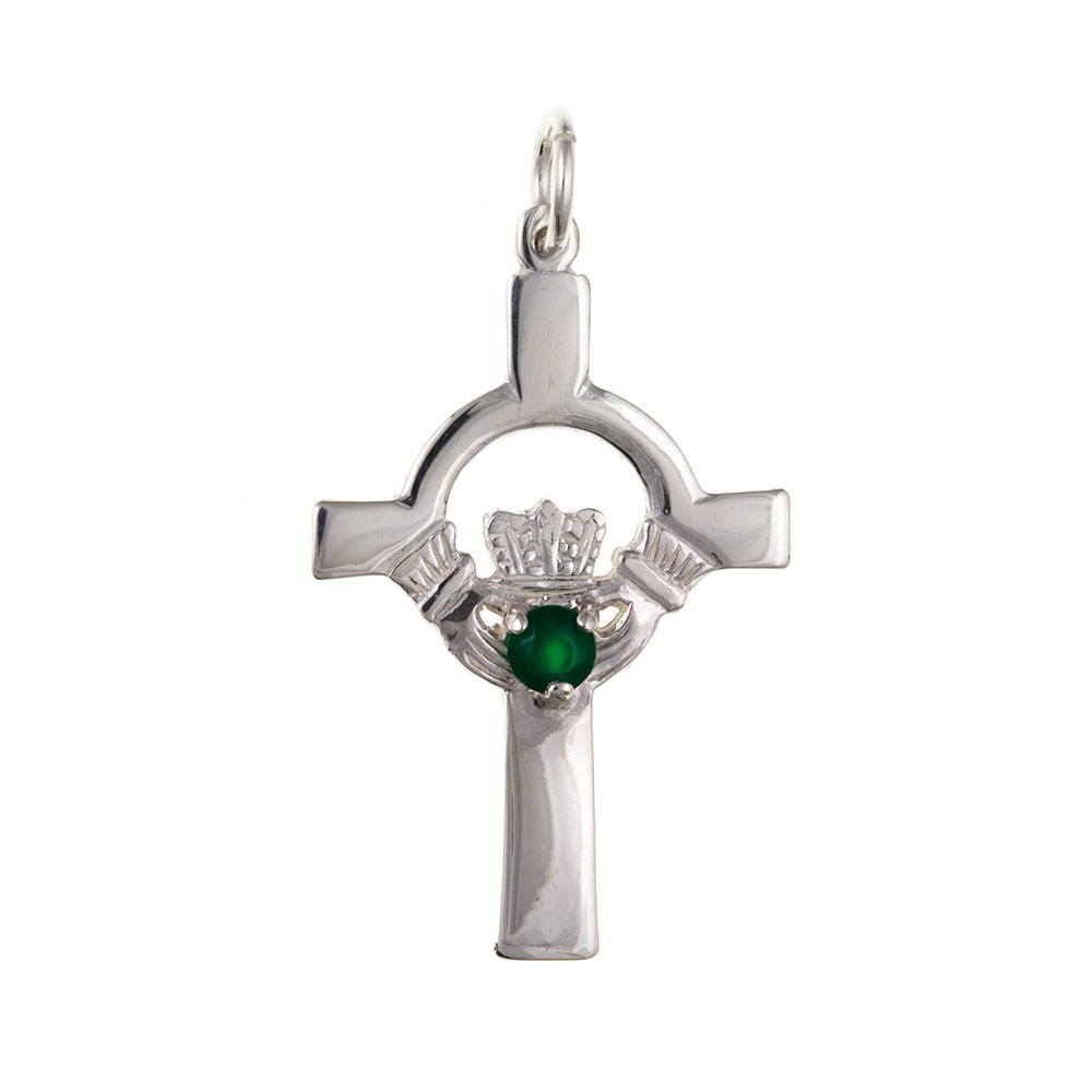 925 Sterling Silver Claddagh and Green Agate Cross 38 x 20mm with Optional Hanging Chain