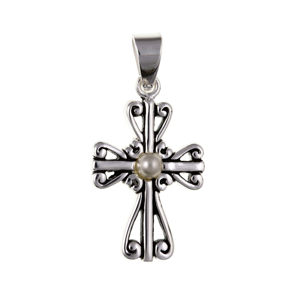 925 Sterling Silver and Pearl Cross 25 x 15mm with Optional Hanging Chain