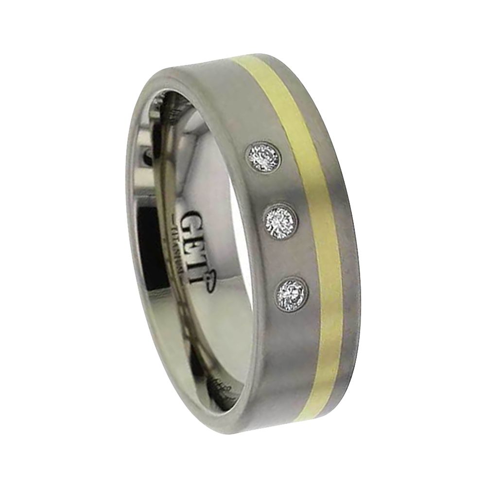 Flat Court Diamond Set Titanium Flat Court Ring With Yellow Inlay Inlay