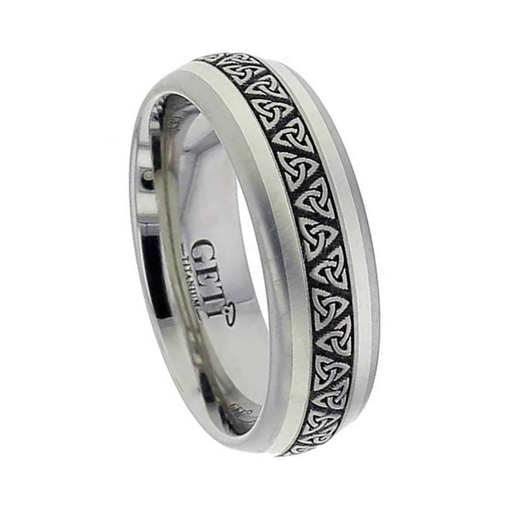 Celtic Trinity Court Titanium Ring With 9ct White Gold Inlay