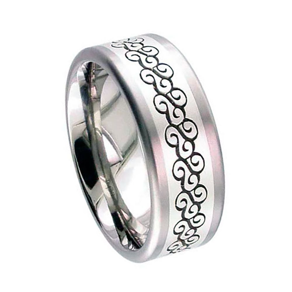 Flat Court Titanium Ring With Silver Inlay And Laser Pattern
