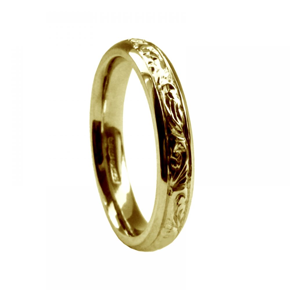 SALE 4mm 9ct Yellow Gold Hand Engraved Court Comfort Wedding Ring At Size R