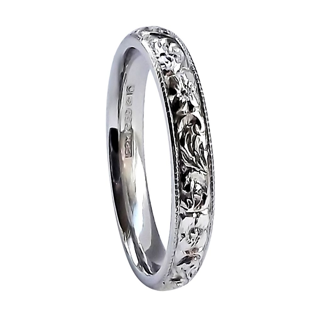 SALE 3mm Vintage Hand Engraved Court Wedding Band With Orange Blossom Design 9ct White Gold At Size Q.5