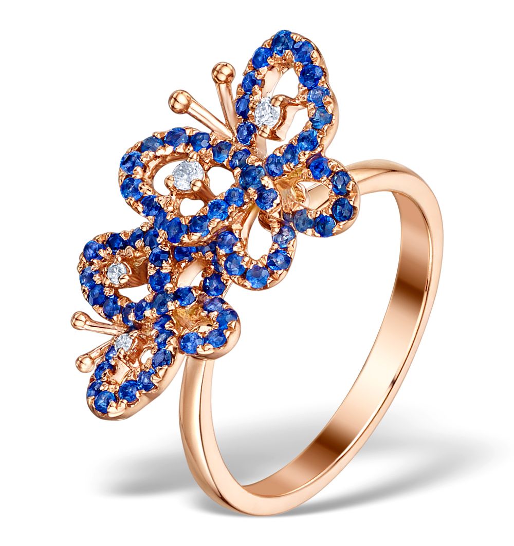 9ct Rose Gold 0.07cts Diamond & 0.70cts Sapphire Cluster Butterfly Ring